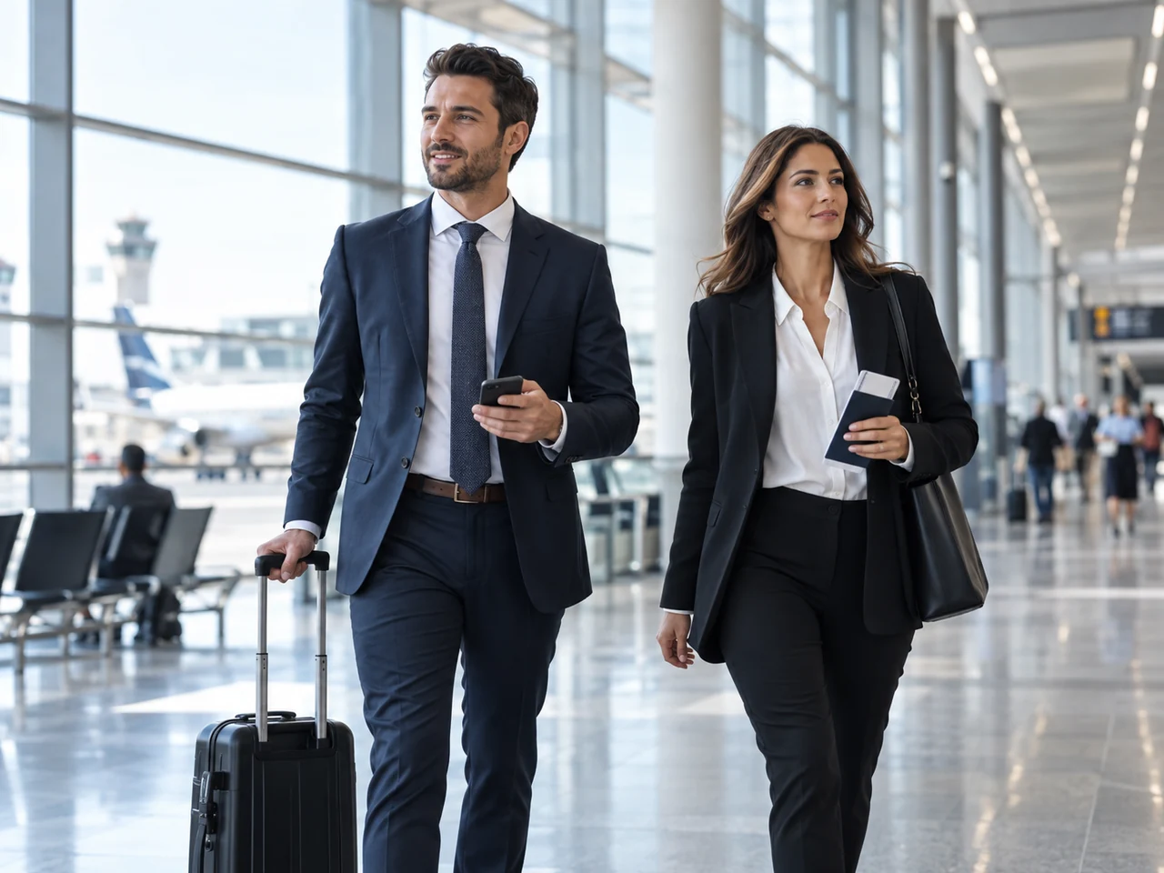 Executivos com malas em um terminal de aeroporto.